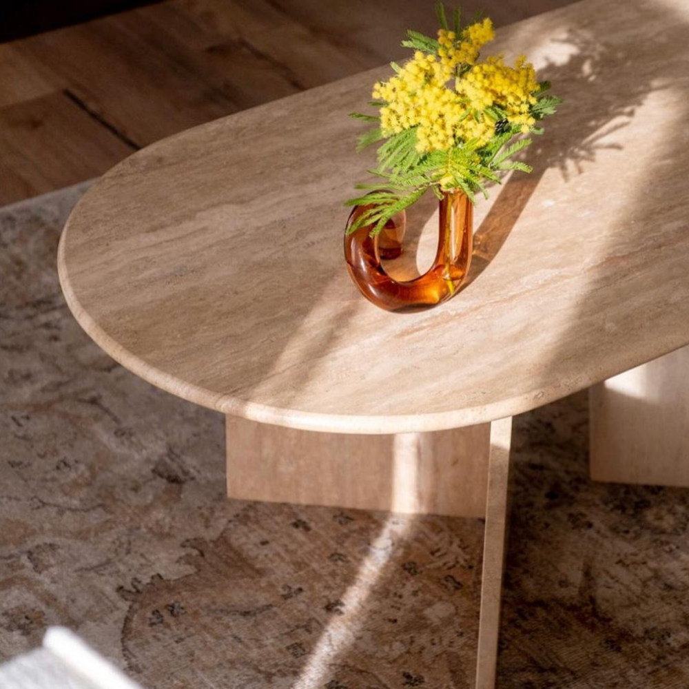 Oval Shape Cross Leg Marble Coffee Table
