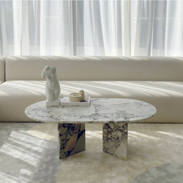 Oval Shape Cross Leg Marble Coffee Table - Main Image