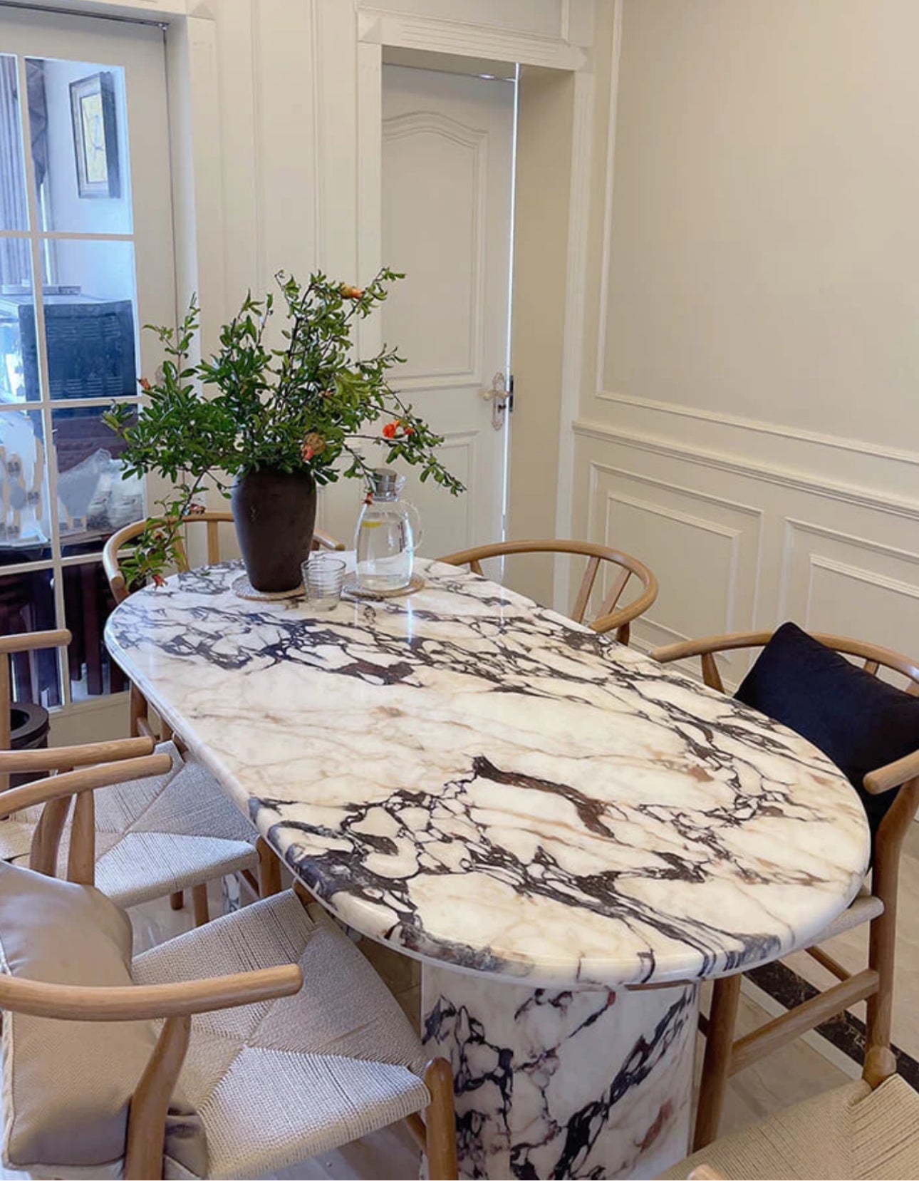 Contemporary Marble Dining Table Half Moon Shape Legs