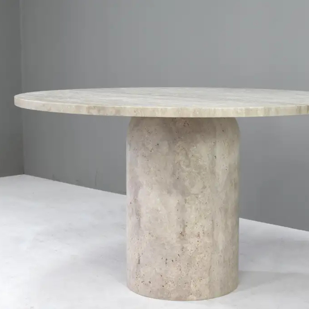 Mid-Century Modern Travertine Round Dining Table