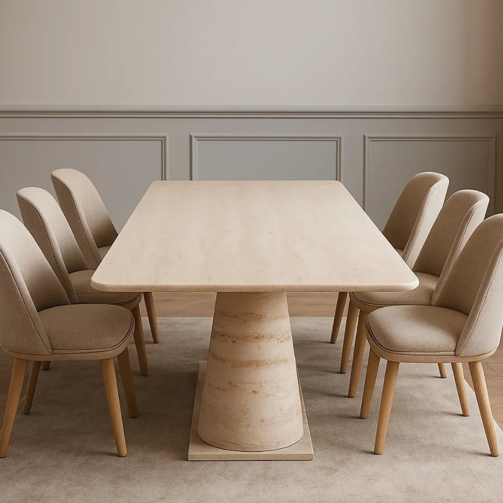 Natural Travertine Rectangular Shape Pedestal Leg Dining Table