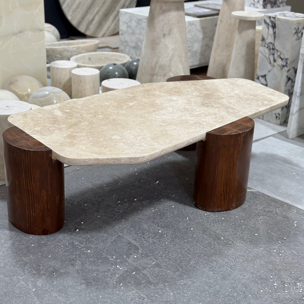 teto　コンパネ　テーブル Travertine Oatmeal Coffee Table with Wood Tripod Base | Marble & Home