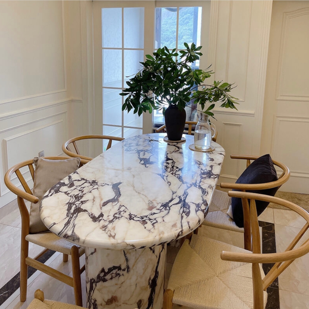 Contemporary Marble Dining Table Half Moon Shape Legs