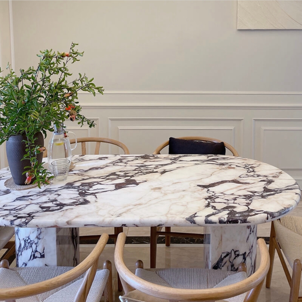Contemporary Marble Dining Table Half Moon Shape Legs