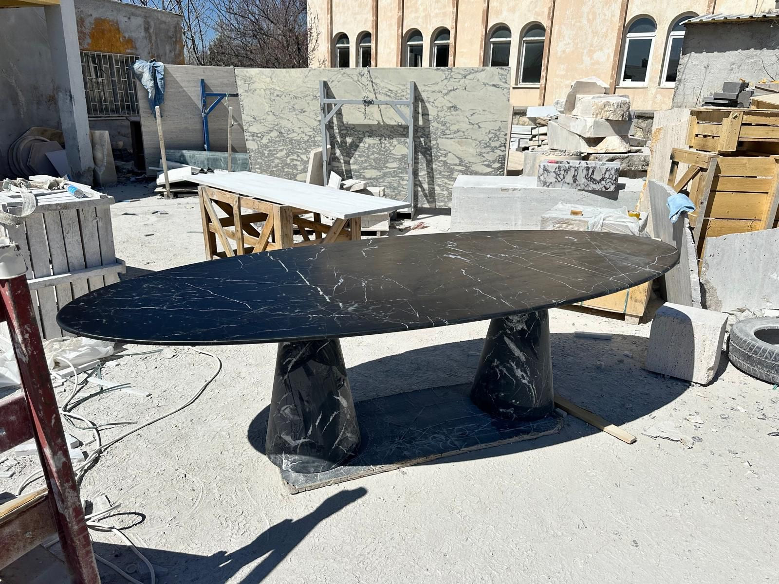 Nero Marquina 2 Pedestal Legs Oval Dining Table