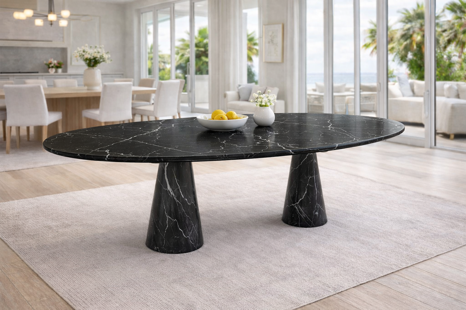 Nero Marquina 2 Pedestal Legs Oval Dining Table