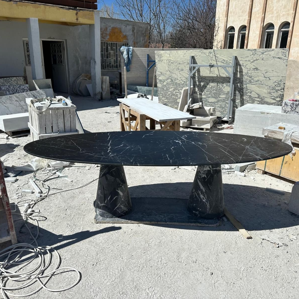 Nero Marquina 2 Pedestal Legs Oval Dining Table