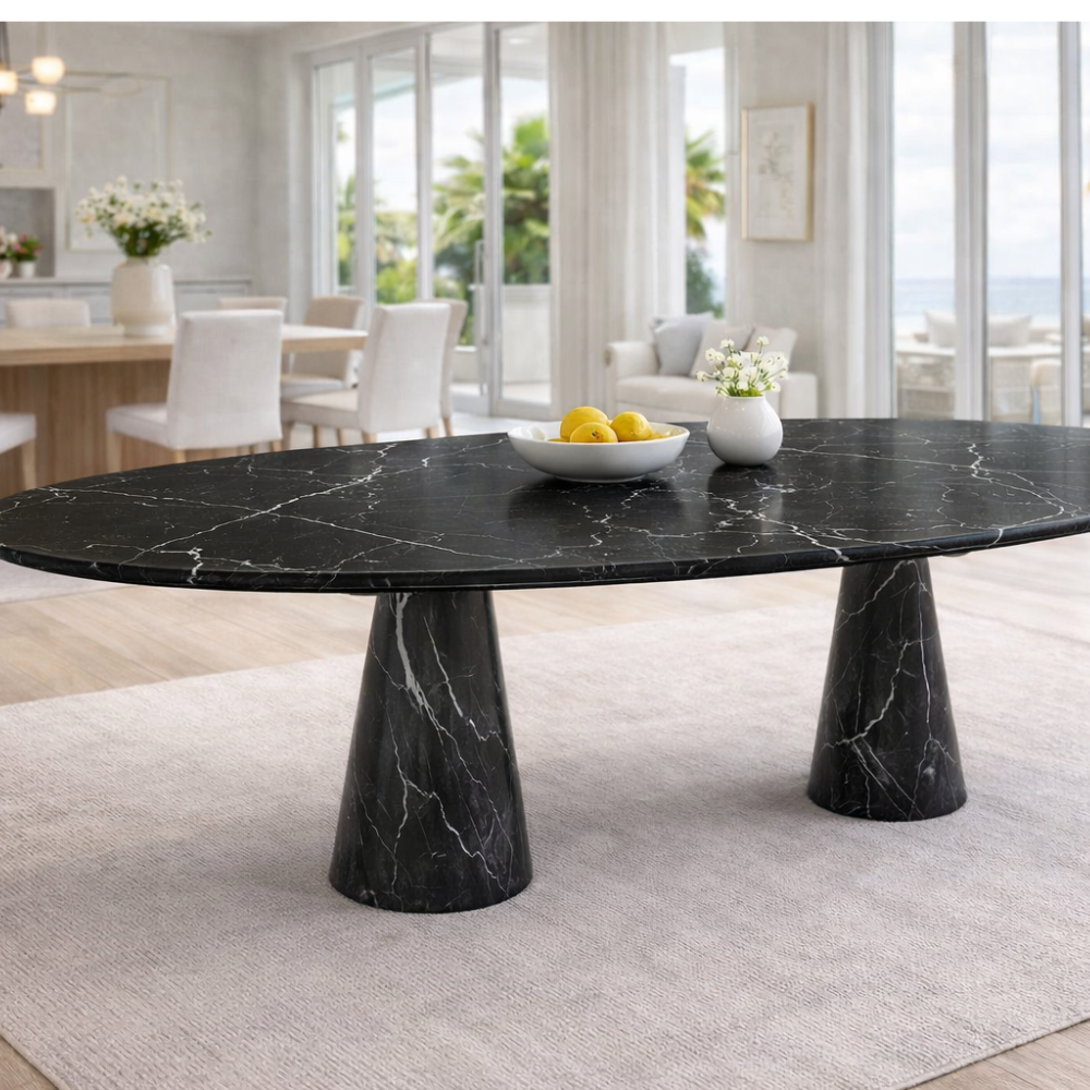Nero Marquina 2 Pedestal Legs Oval Dining Table