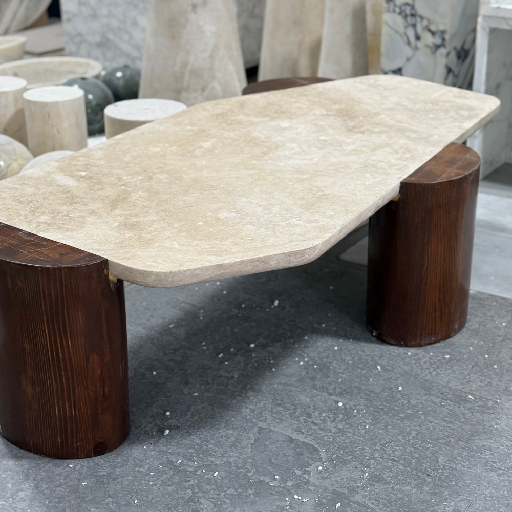 Travertine Oatmeal Coffee Table with Wood Tripod Base