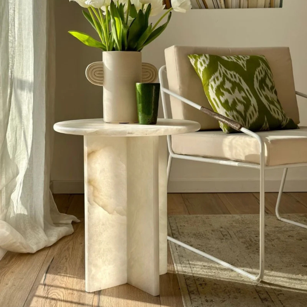 Calacata Violet Marble T Leg  Side Table