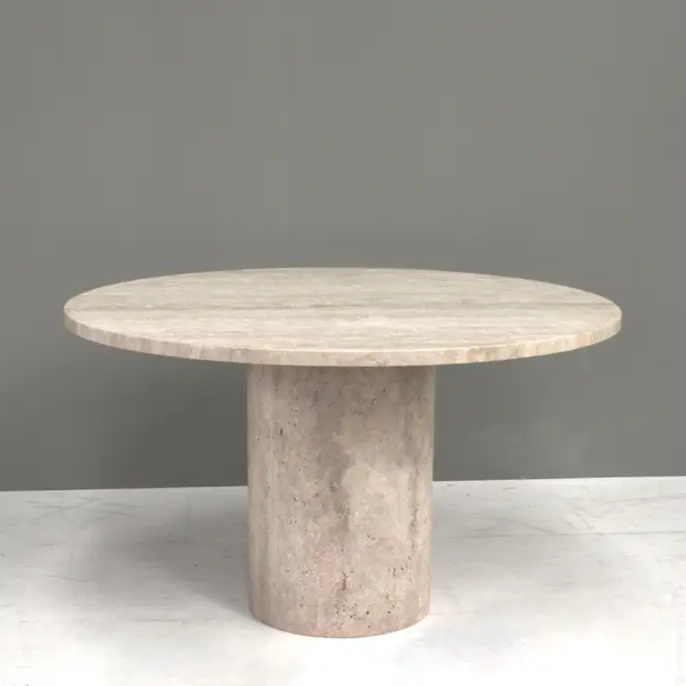 Mid-Century Modern Travertine Round Dining Table