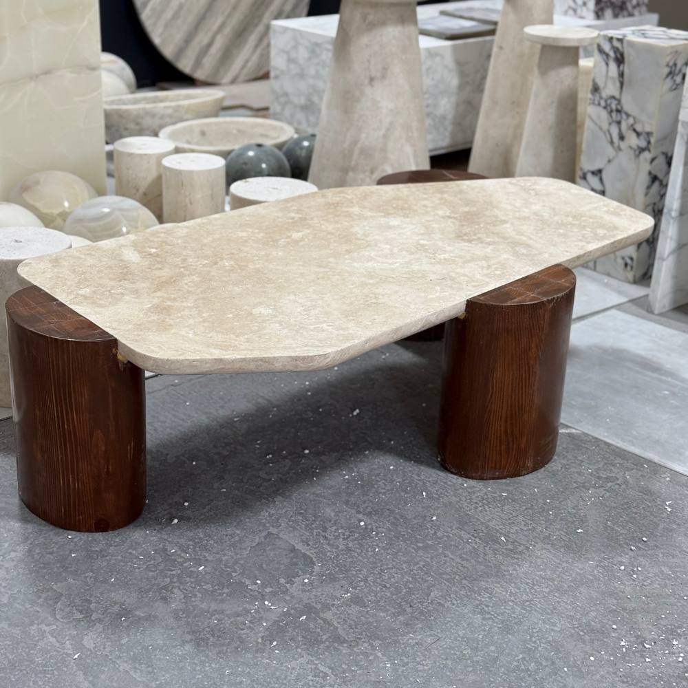 Travertine Oatmeal Coffee Table with Wood Tripod Base