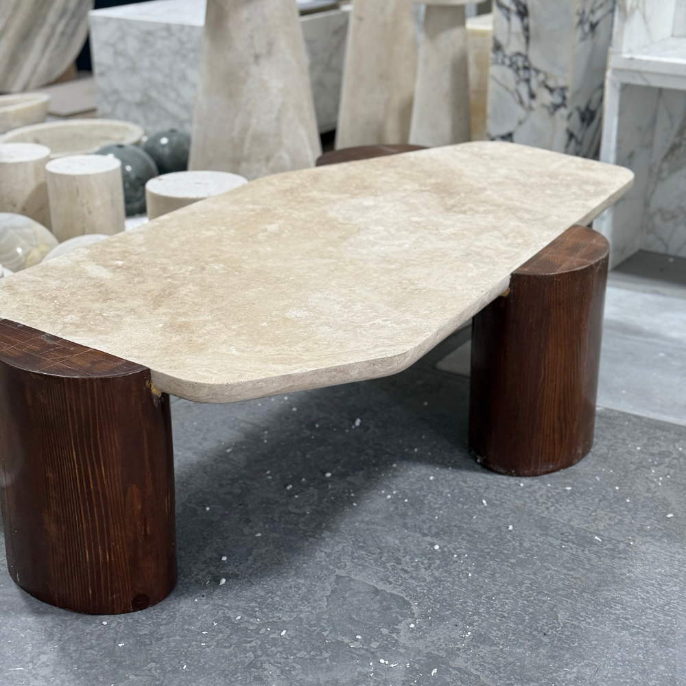 Travertine Oatmeal Coffee Table with Wood Tripod Base