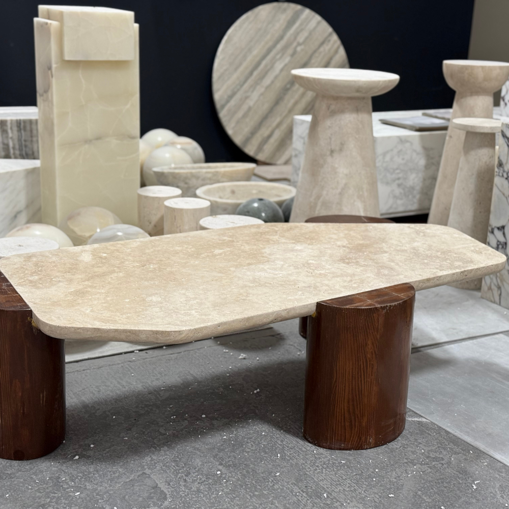 Travertine Oatmeal Coffee Table with Wood Tripod Base