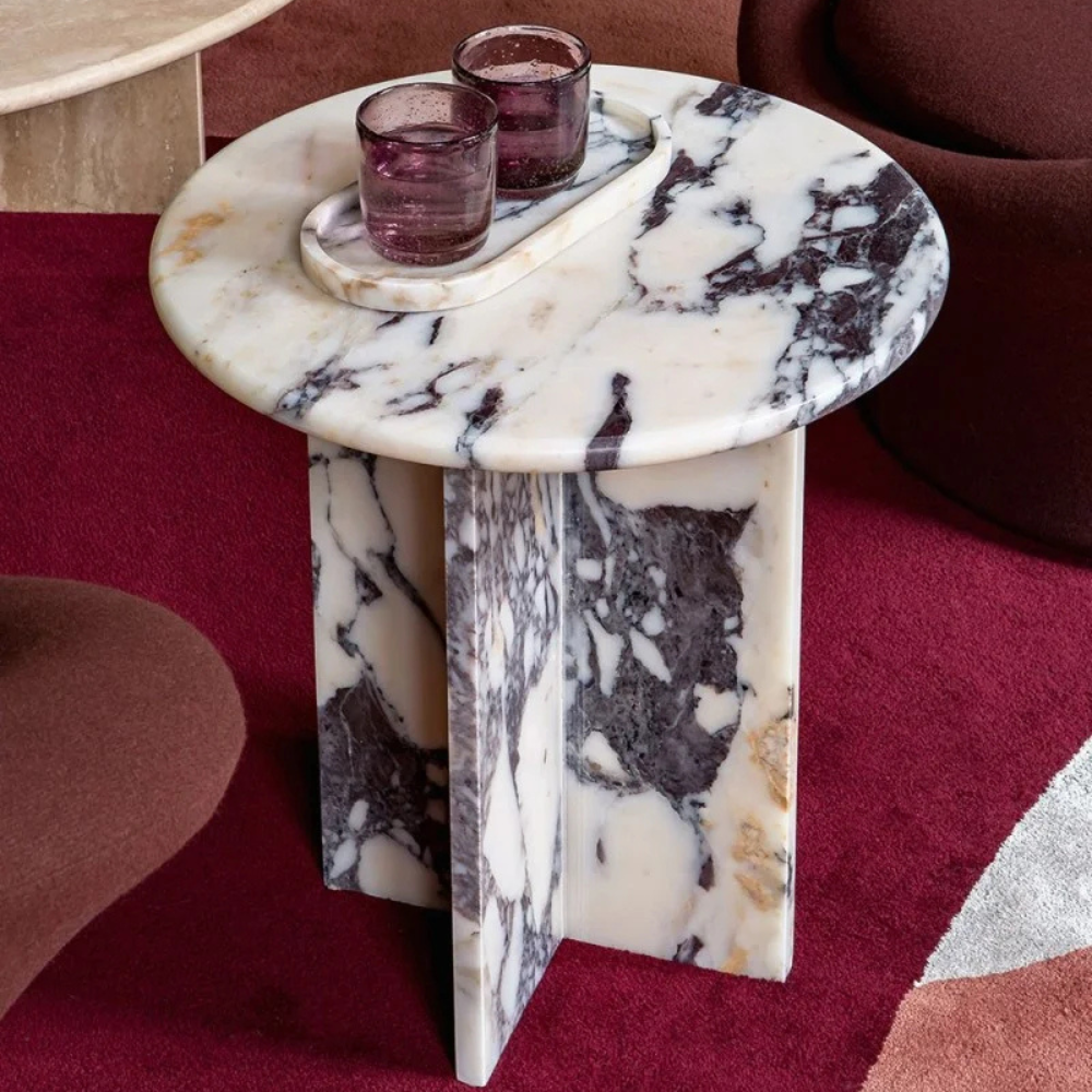 Calacata Violet Marble T Leg  Side Table